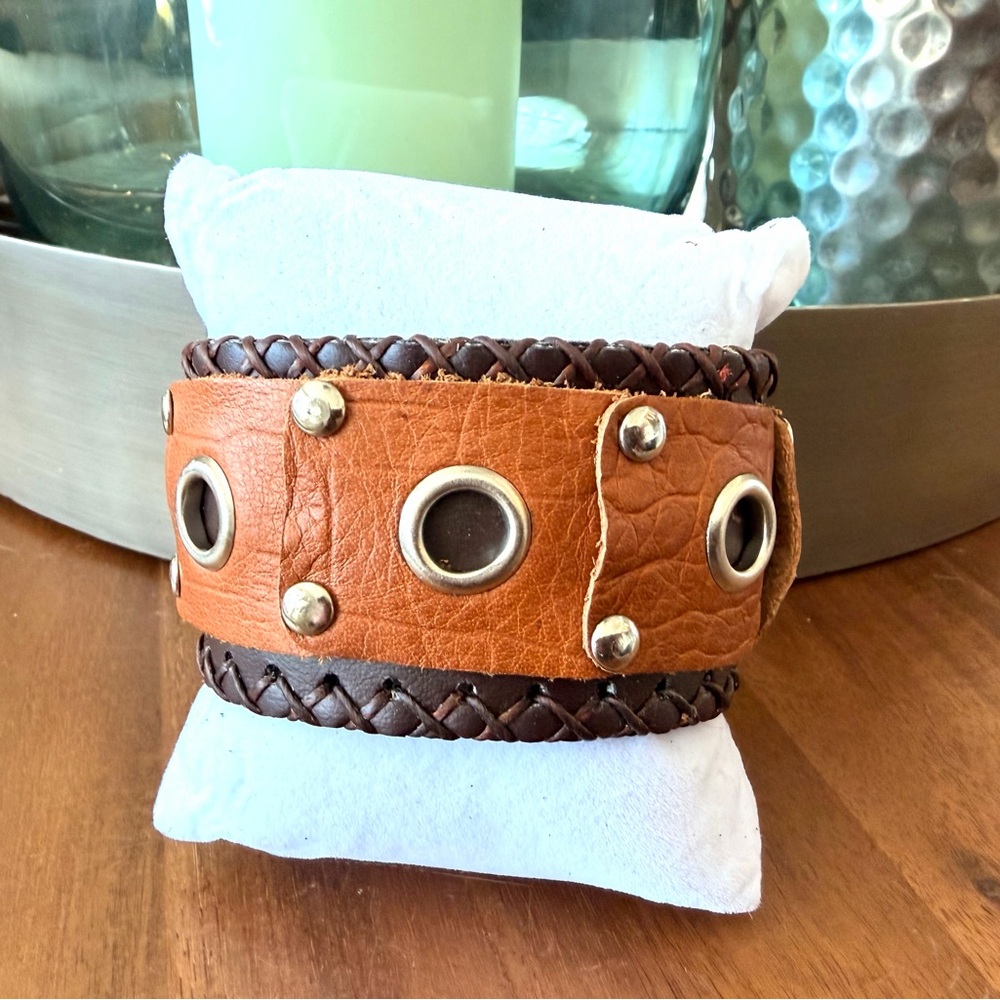 Brown Leather Cuff Bracelet with Grommet Metal Accents